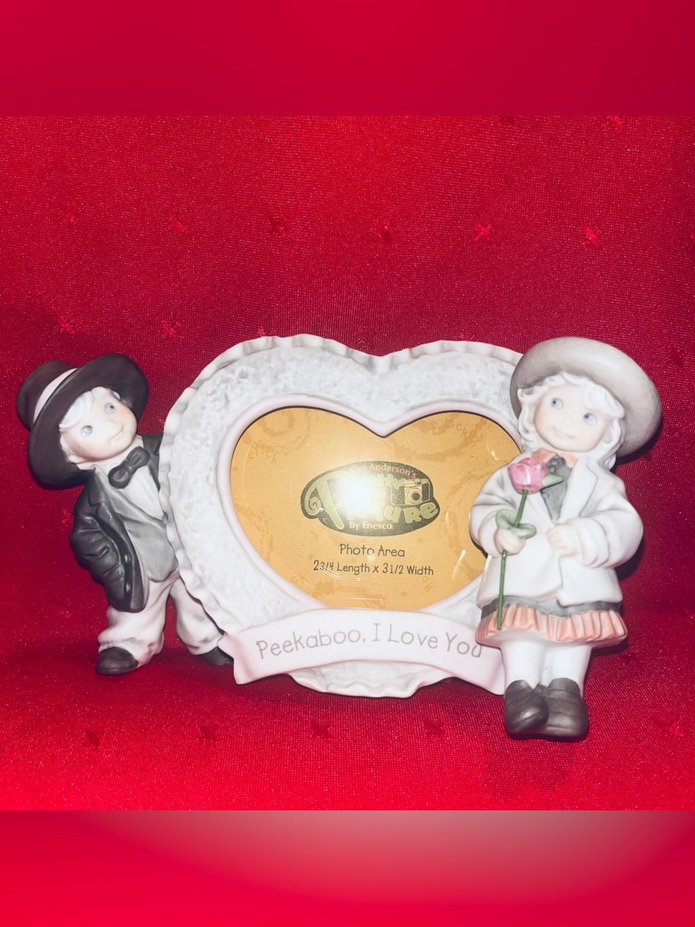 Vintage Kim Anderson Heart Photo Frame with Boy and Girl Figurines